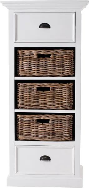 NOVASOLO Halifax Grand kommode, m. 2 skuffer og 3 rattan kurve - hvid mahogni og antik messing